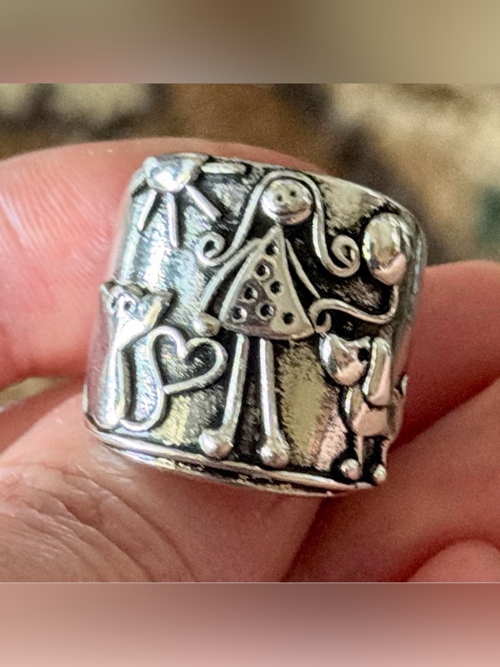 Whimsical Girl with Cat & Dog Silver Ring, Size 7 😺👧🏼🐶🎈